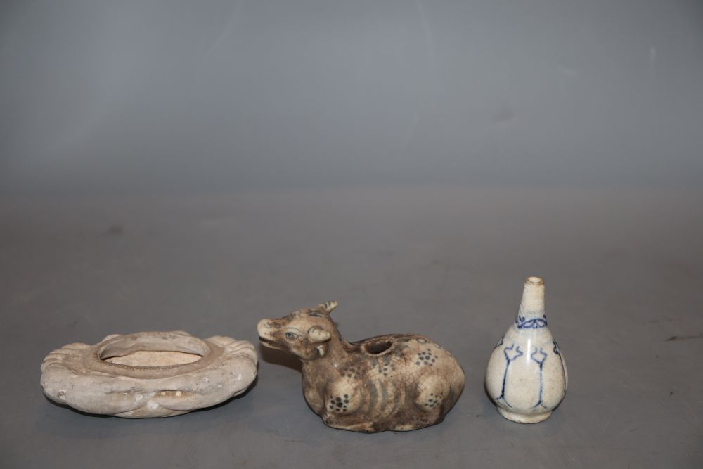 An Annamese Hoi An cargo blue and white miniature vase, an Annamese ox water dropper and a biscuit crab box